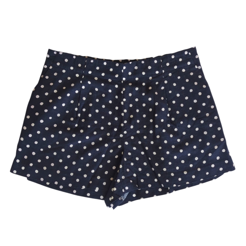 NWOT Loft Polka Dot Pleated Rayon Linen Shorts Medium Petite Navy White Pockets